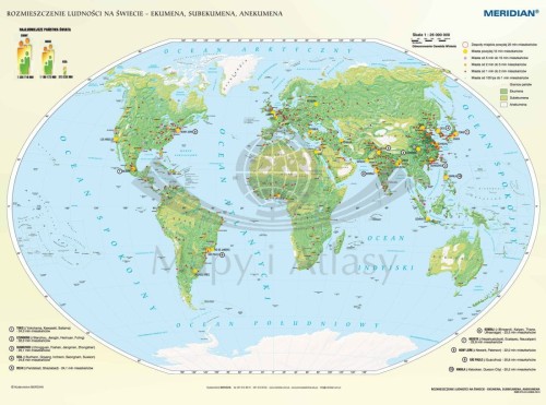 Świat 1:26 000 000. Rozmieszczenie ludności. Mapa ścienna wydawnictwa Meridian