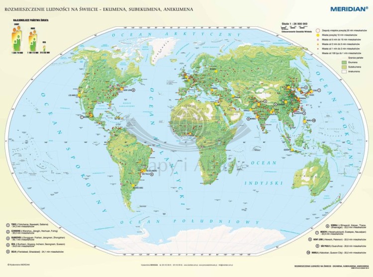Świat 1:26 000 000. Rozmieszczenie ludności. Mapa ścienna wydawnictwa Meridian