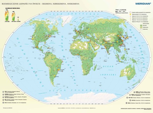Świat 1:22 000 000. Rozmieszczenie ludności. Mapa ścienna wydawnictwa Meridian