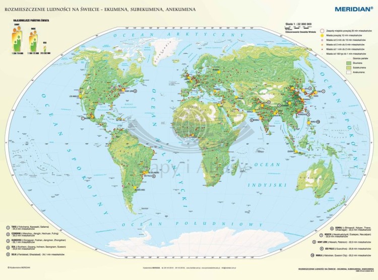 Świat 1:22 000 000. Rozmieszczenie ludności. Mapa ścienna wydawnictwa Meridian