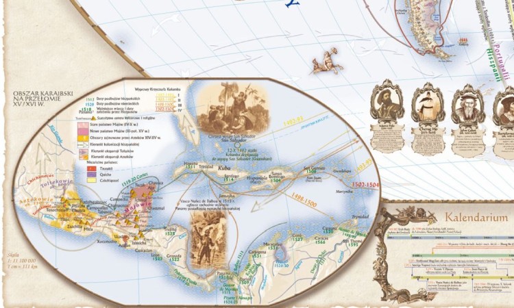 Świat w okresie wielkich odkryć geograficznych XV-XVI wiek. Mapa ścienna wydawnictwa Meridian. Fragment 3
