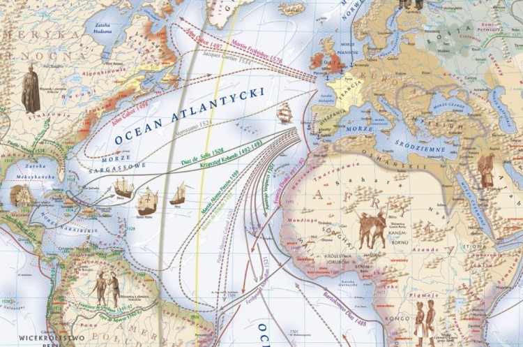Świat w okresie wielkich odkryć geograficznych XV-XVI wiek. Mapa ścienna wydawnictwa Meridian. Fragment 1