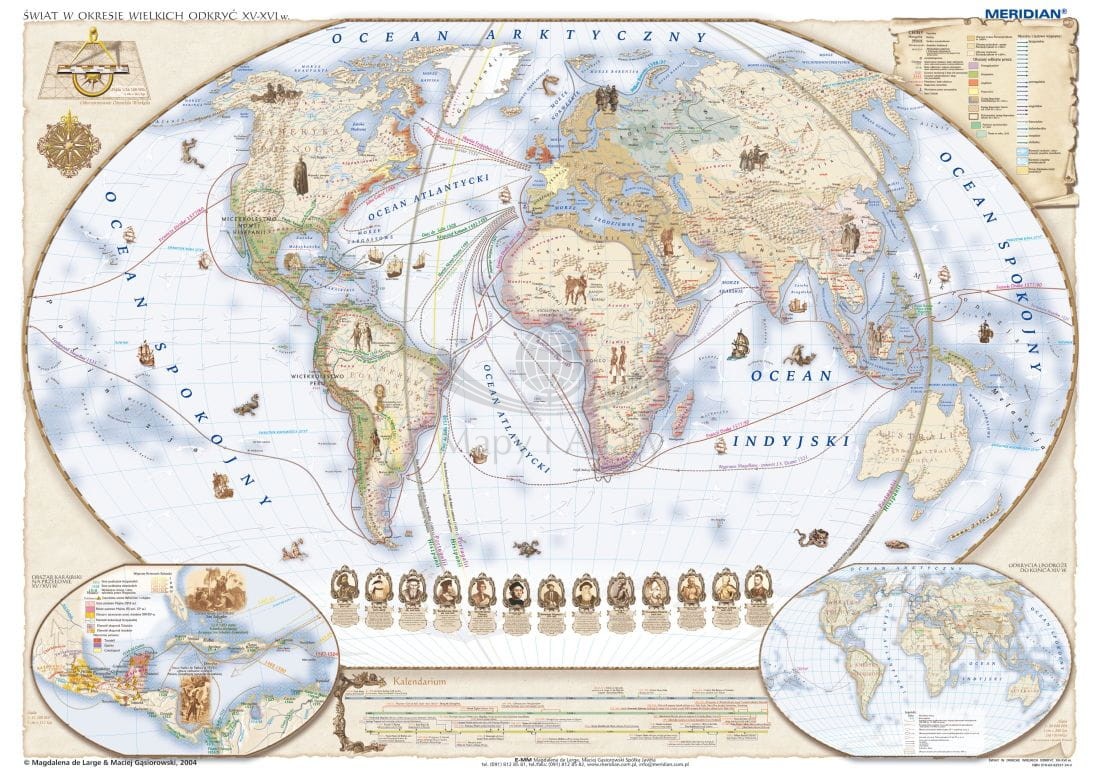 Świat w okresie wielkich odkryć geograficznych XV-XVI wiek. Mapa ścienna 160 x 120 cm. Drewniane półwałki
