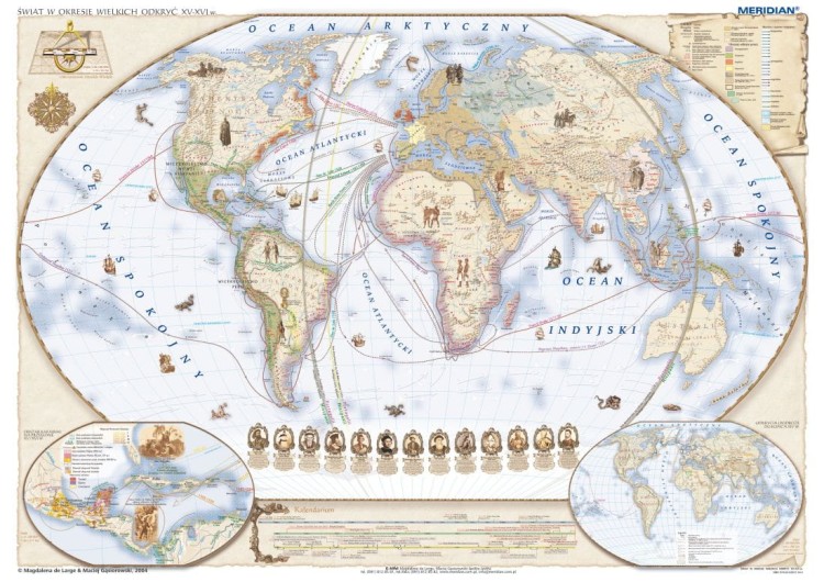 Świat w okresie wielkich odkryć geograficznych XV-XVI wiek. Mapa ścienna wydawnictwa Meridian