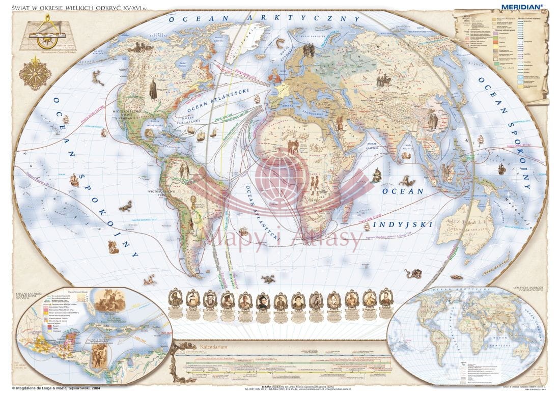 Świat w okresie wielkich odkryć geograficznych XV-XVI wiek. Mapa ścienna 200 x 150 cm. Drewniane półwałki