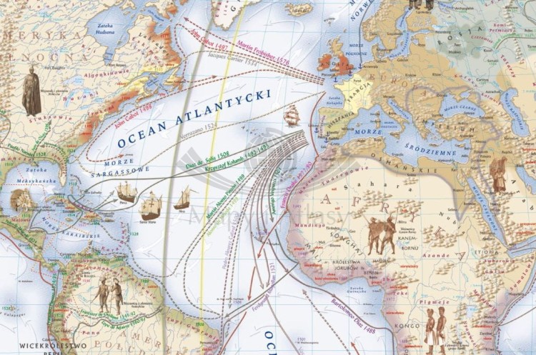 Świat w okresie wielkich odkryć geograficznych XV-XVI wiek. Mapa ścienna wydawnictwa Meridian. Fragment 1