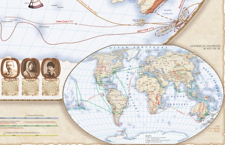 Świat w okresie wielkich odkryć geograficznych XVII-XVIII wiek. Mapa ścienna wydawnictwa Meridian. Fragment 4