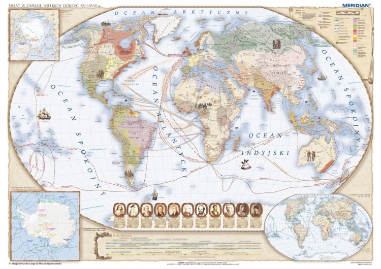 Świat w okresie wielkich odkryć geograficznych XVII-XVIII wiek. Mapa ścienna wydawnictwa Meridian