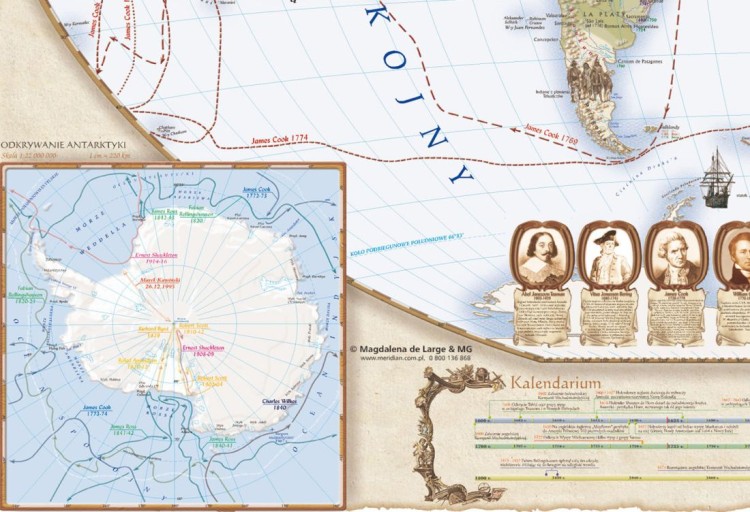 Świat w okresie wielkich odkryć geograficznych XVII-XVIII wiek. Mapa ścienna wydawnictwa Meridian. Fragment 3