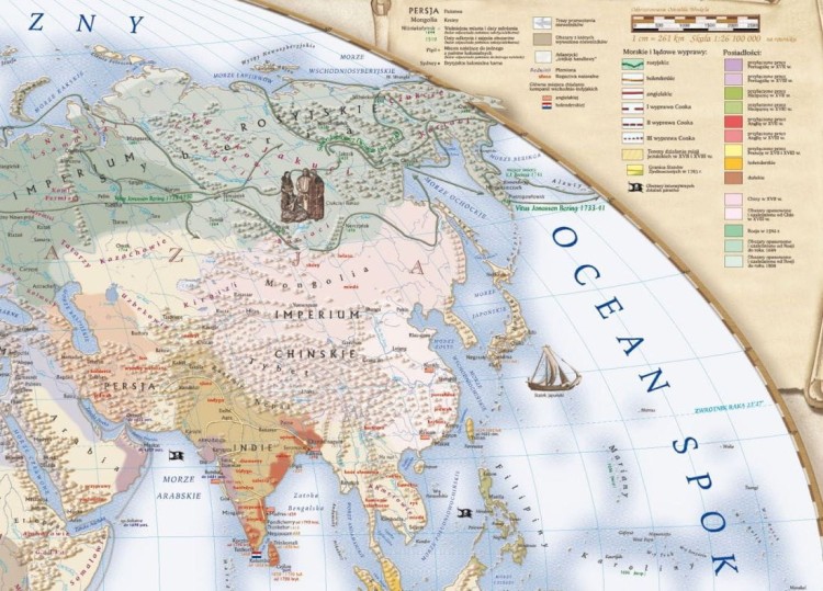 Świat w okresie wielkich odkryć geograficznych XVII-XVIII wiek. Mapa ścienna wydawnictwa Meridian. Fragment 2