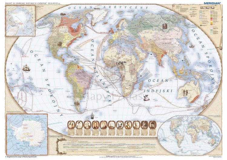 Świat w okresie wielkich odkryć geograficznych XVII-XVIII wiek. Mapa ścienna wydawnictwa Meridian