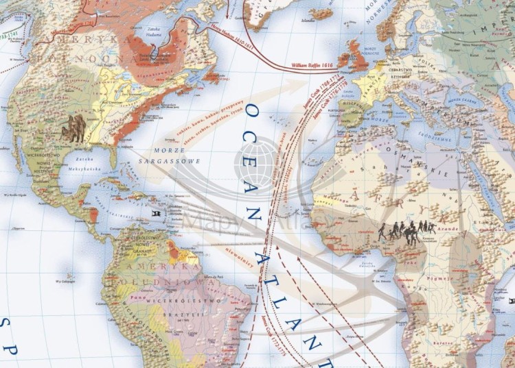 Świat w okresie wielkich odkryć geograficznych XVII-XVIII wiek. Mapa ścienna wydawnictwa Meridian. Fragment 1