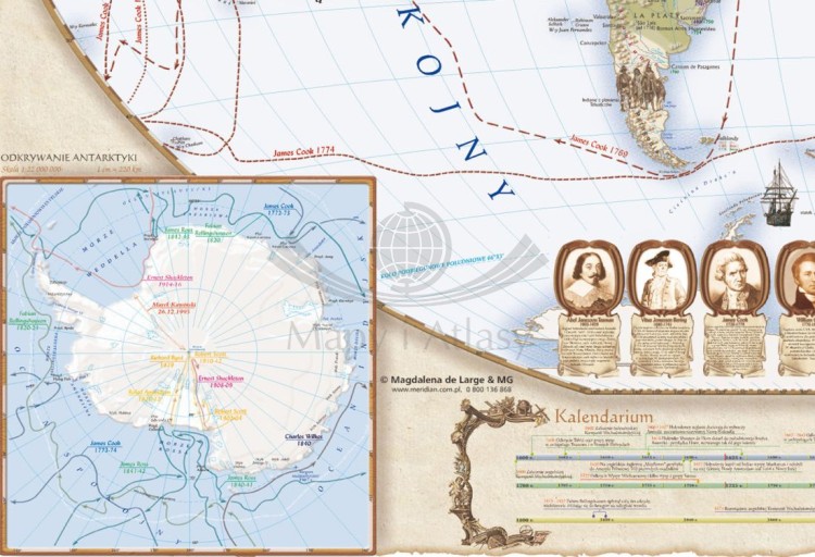 Świat w okresie wielkich odkryć geograficznych XVII-XVIII wiek. Mapa ścienna wydawnictwa Meridian. Fragment 3