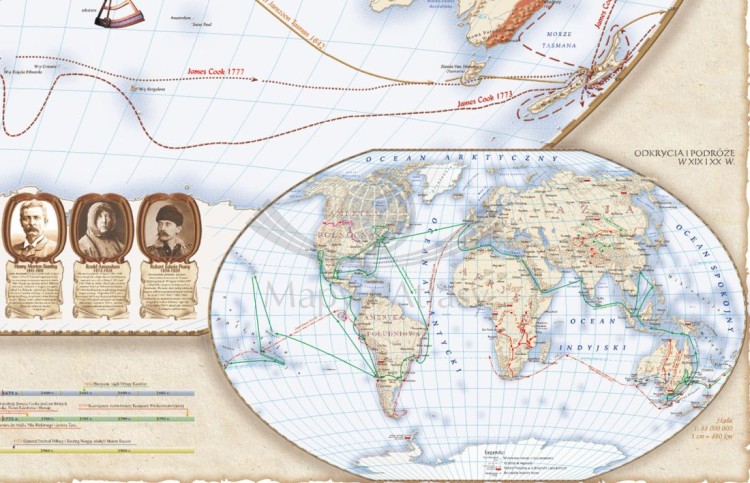 Świat w okresie wielkich odkryć geograficznych XVII-XVIII wiek. Mapa ścienna wydawnictwa Meridian. Fragment 4