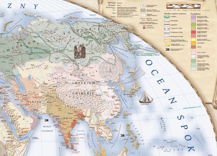 Świat w okresie wielkich odkryć geograficznych XVII-XVIII wiek. Mapa ścienna wydawnictwa Meridian. Fragment 2