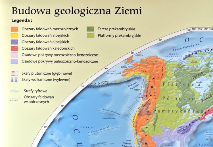 Świat 1:37 000 000. Geologia i tektonika. Mapa ścienna wydawnictwa Meridian. Mapa 1 - fragment 3