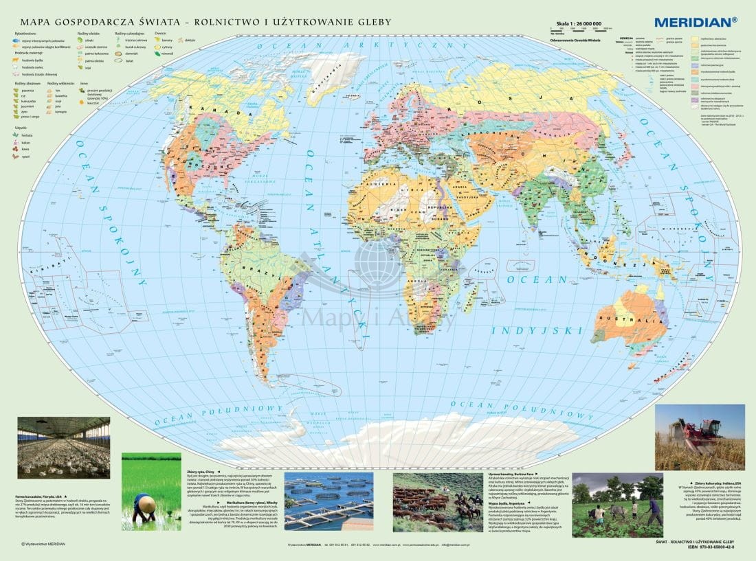 Świat 1:26 000 000. Mapa ścienna gospodarcza (rolnictwo i użytkowanie gleby). Drewniane półwałki