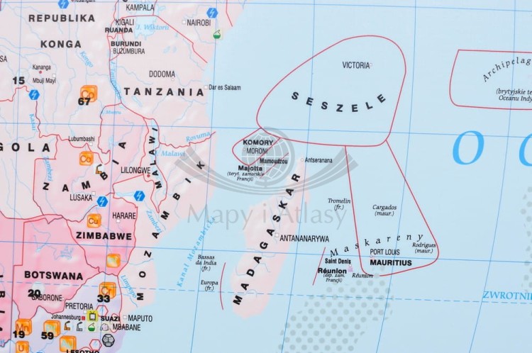 Świat 1:22 000 000. Mapa ścienna gospodarcza: surowce, przemysł, energetyka. Wydawnictwo: Meridian. Fragment 1