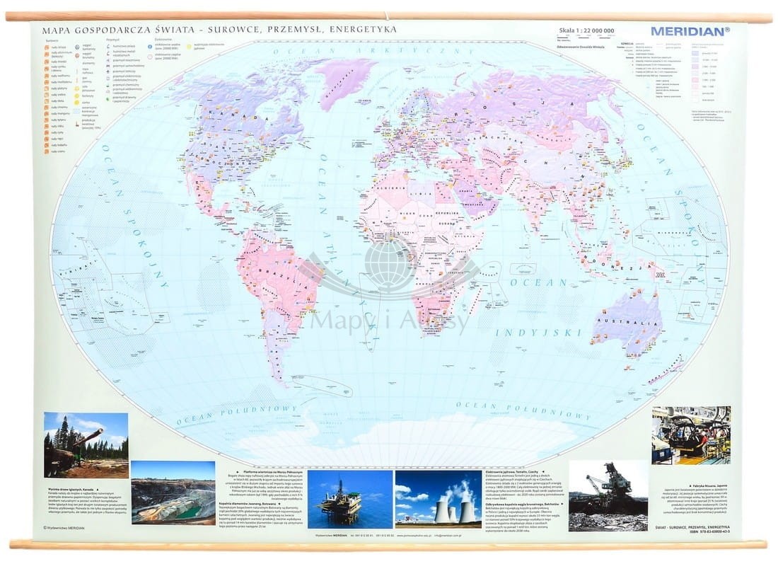 Świat 1:22 000 000. Mapa ścienna gospodarcza: surowce, przemysł, energetyka. Drewniane półwałki