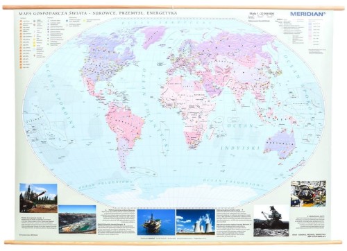 Świat 1:22 000 000. Mapa ścienna gospodarcza: surowce, przemysł, energetyka. Wydawnictwo: Meridian