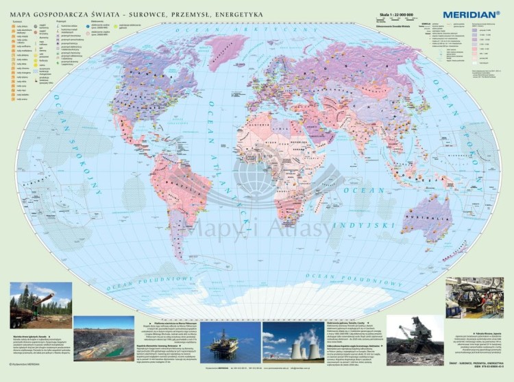 Świat 1:22 000 000. Mapa ścienna gospodarcza: surowce, przemysł, energetyka. Wydawnictwo: Meridian