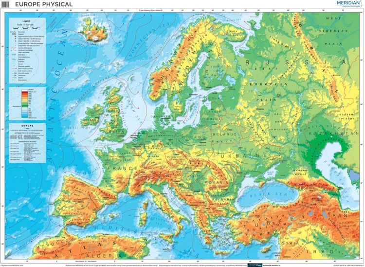 Europa 1:4 000 000. Mapa ścienna fizyczna w języku angielskim wydawnictwa Meridian