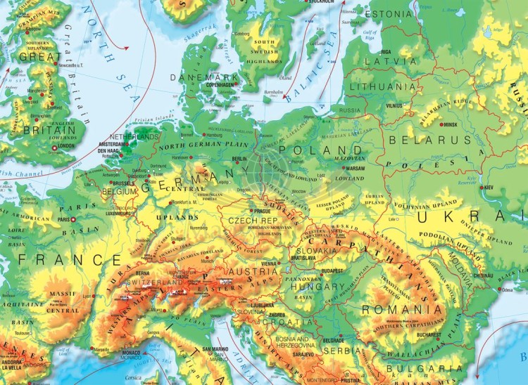 Europa 1:3 200 000. Mapa ścienna fizyczna w języku angielskim wydawnictwa Meridian. Fragment