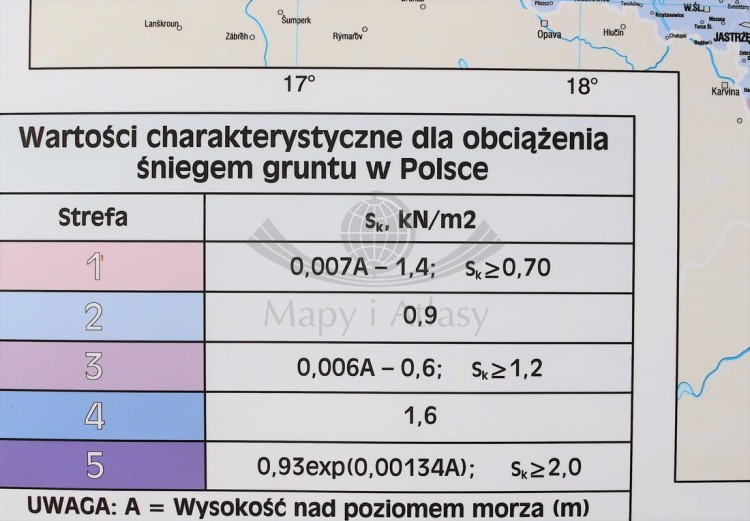 Polska 1:500 000. Mapa ścienna z podziałem na strefy obciążenia śniegiem. Wydawnictwo: Meridian. Fragment 7