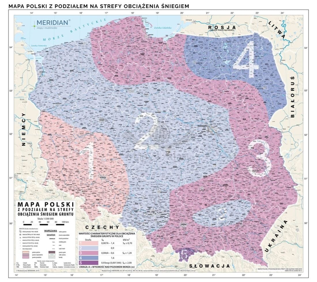 Polska 1:500 000. Mapa ścienna z podziałem na strefy obciążenia śniegiem. Drewniane półwałki