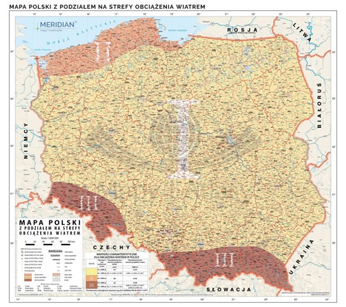 Polska 1:600 000. Mapa ścienna z podziałem na strefy obciążenia wiatrem. Wydawnictwo: Meridian