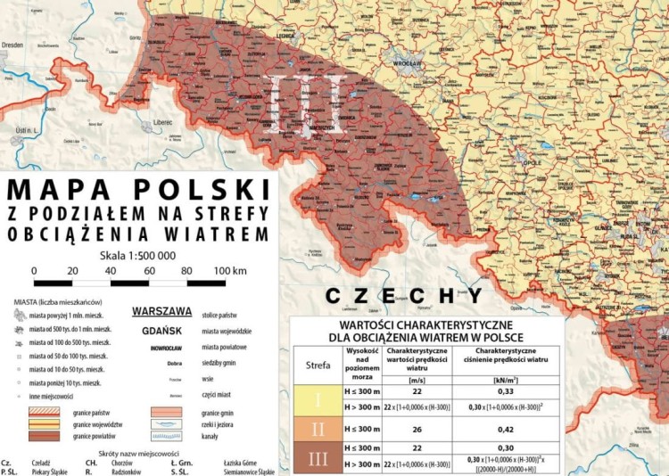 Polska 1:500 000. Mapa ścienna z podziałem na strefy obciążenia wiatrem. Wydawnictwo: Meridian. Fragment 2