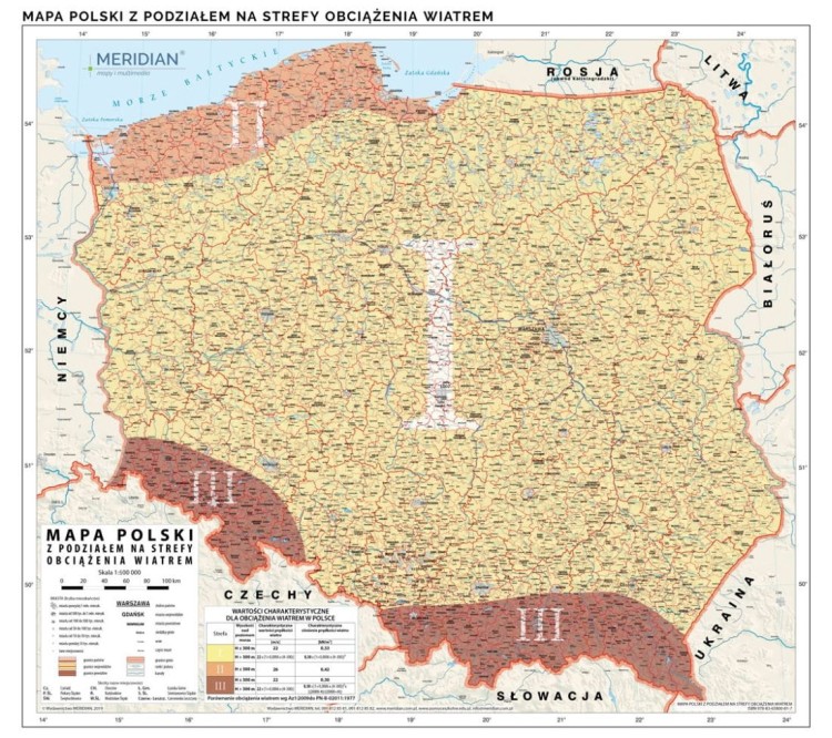 Polska 1:500 000. Mapa ścienna z podziałem na strefy obciążenia wiatrem. Wydawnictwo: Meridian