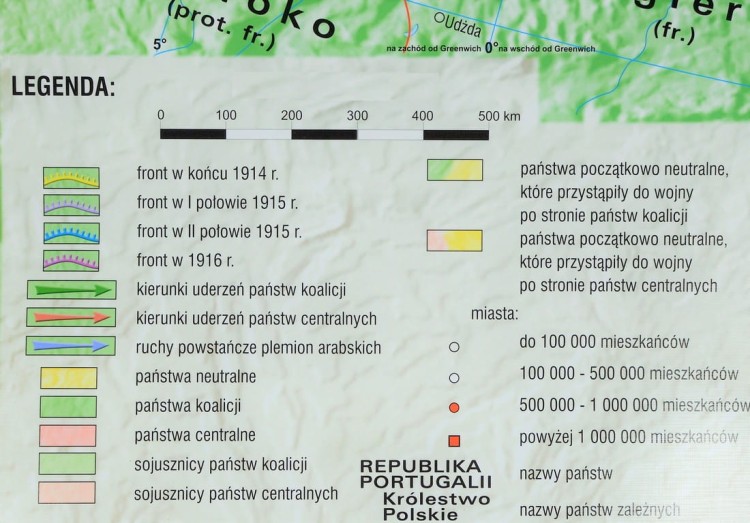 I Wojna Światowa w Europie i na Bliskim Wschodzie 1914-1916. Mapa ścienna wydawnictwa Meridian. Legenda