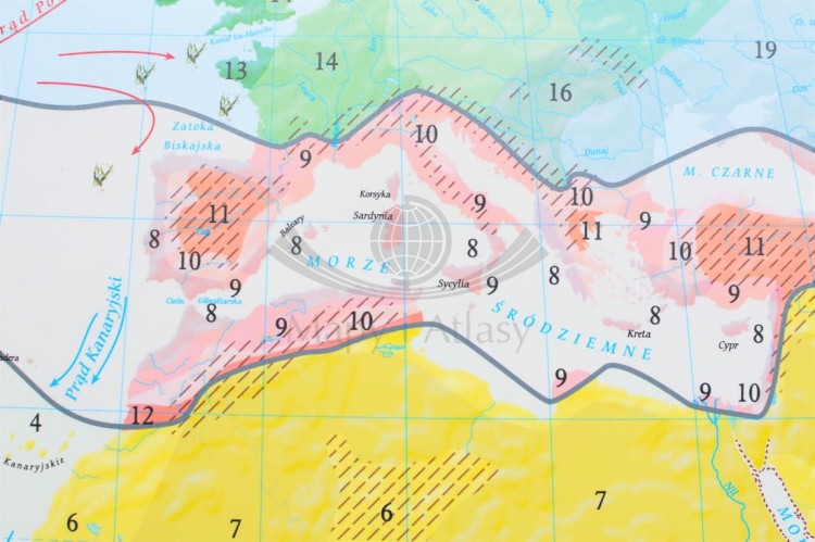 Świat 1:26 000 000. Strefy klimatyczne. Mapa ścienna wydawnictwa Meridian. Fragment 1