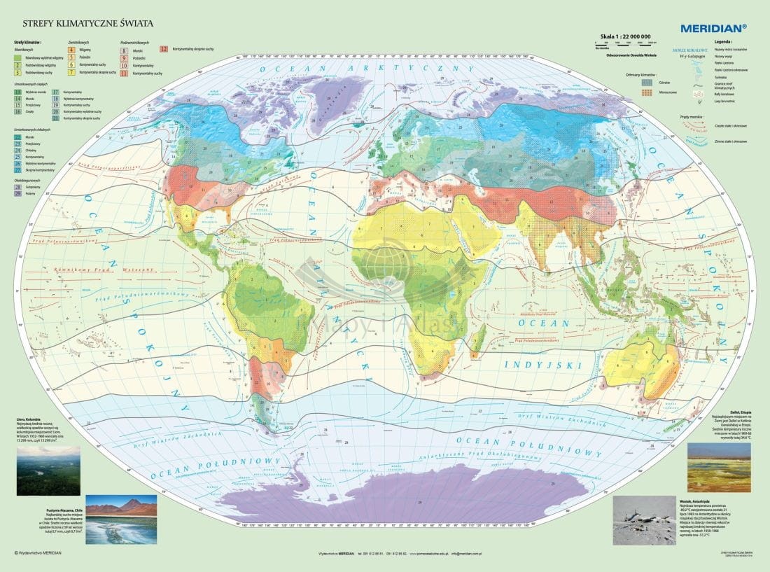 Świat 1:22 000 000. Strefy klimatyczne. Mapa ścienna. Drewniane półwałki