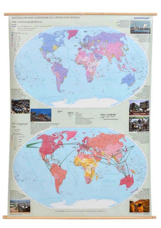 Świat 1:37 000 000. Zróżnicowanie gospodarcze i społeczne. Mapa ścienna wydawnictwa Meridian