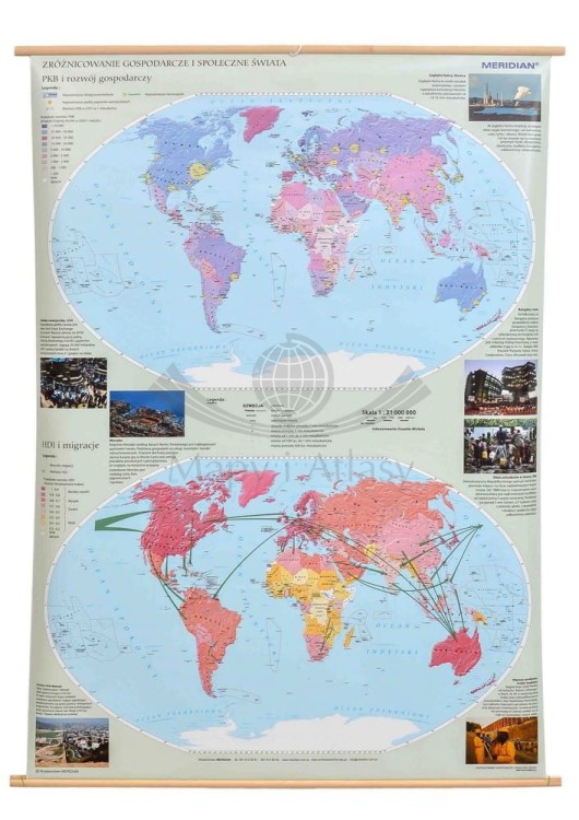 Świat 1:31 000 000. Zróżnicowanie gospodarcze i społeczne. Mapa ścienna wydawnictwa Meridian