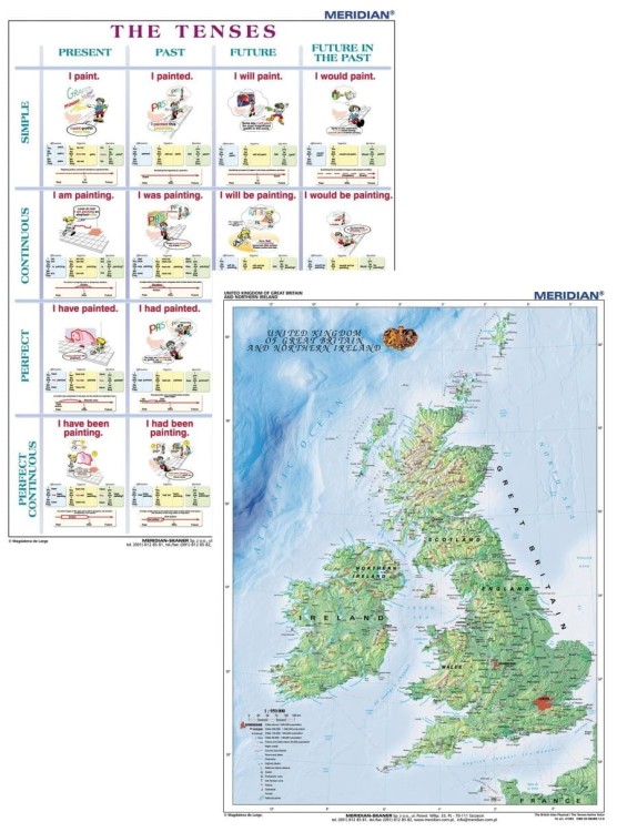 Wielka Brytania i Irlandia / Czasy angielskie (The Tenses). Dwustronna mapa ścienna wydawnictwa Meridian