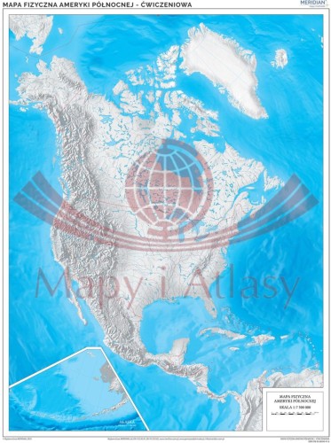 Ameryka Północna 1:7 500 000. Mapa ścienna konturowa (do ćwiczeń) wydawnictwa Meridian