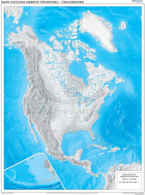 Ameryka Północna 1:7 500 000. Mapa ścienna konturowa (do ćwiczeń) wydawnictwa Meridian