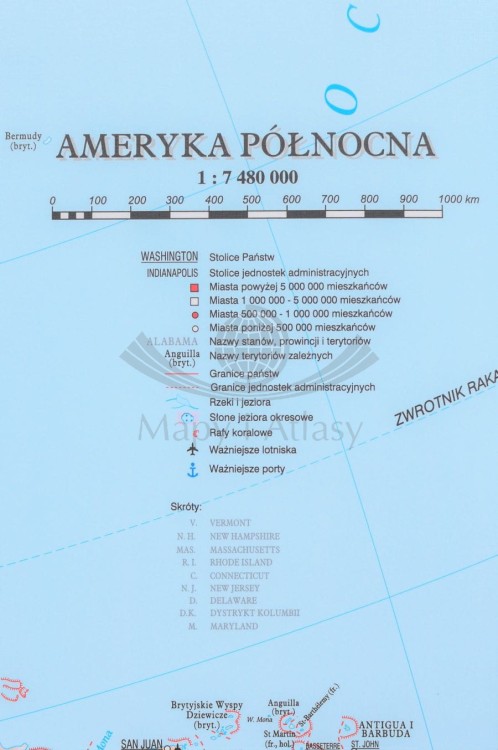 Ameryka Północna 1:7 480 000. Mapa ścienna polityczna wydawnictwa Meridian. Legenda