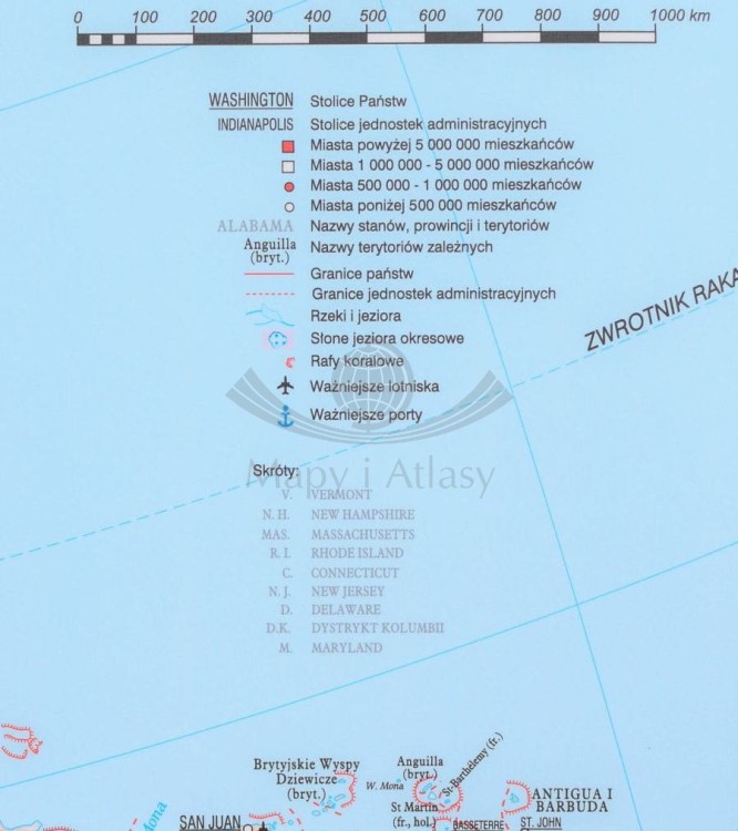 Ameryka Północna 1:5 600 000. Mapa ścienna polityczna wydawnictwa Meridian. Legenda