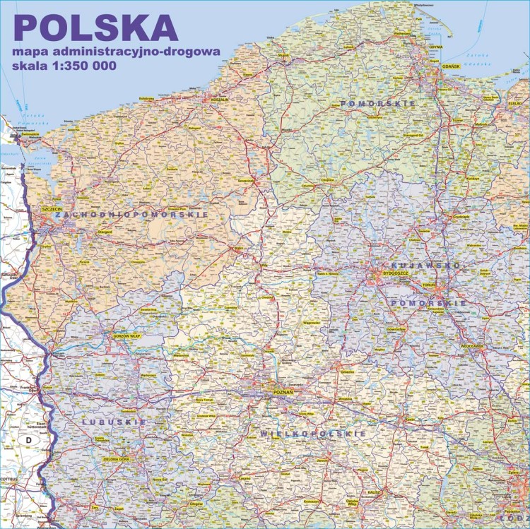 Polska północno-zachodnia 1:350 000. Mapa ścienna administracyjno-drogowa