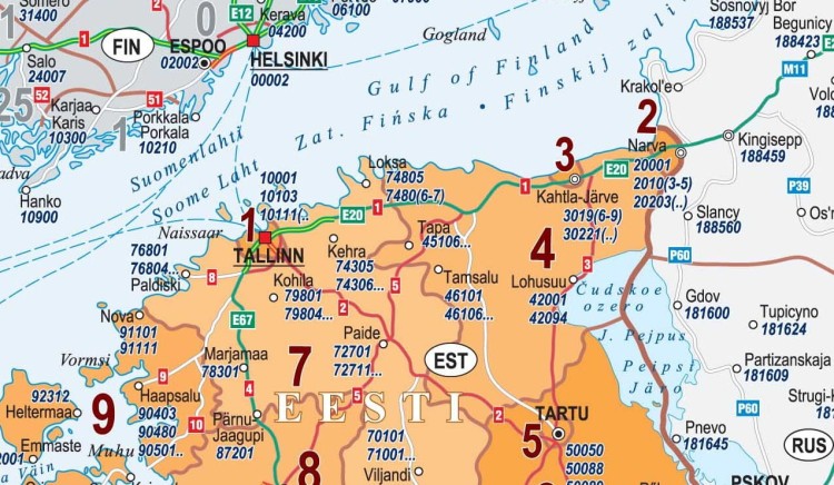 Litwa, Łotwa, Estonia. Mapa ścienna. Kody pocztowe. Fragment 1
