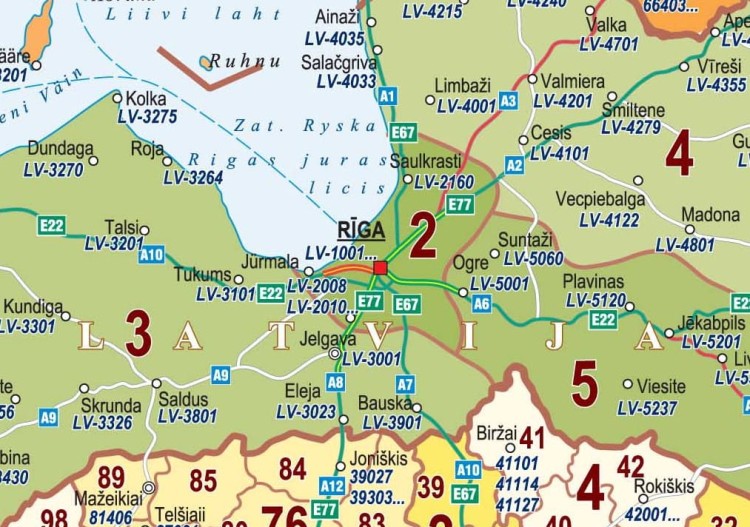 Litwa, Łotwa, Estonia. Mapa ścienna. Kody pocztowe. Fragment 2