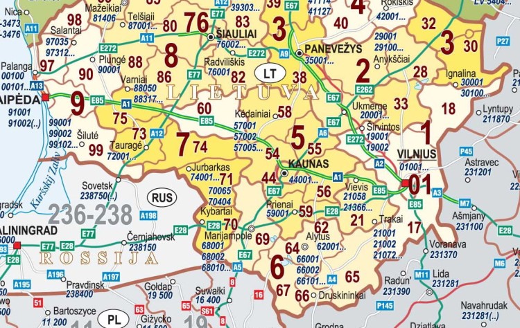 Litwa, Łotwa, Estonia. Mapa ścienna. Kody pocztowe. Fragment 3