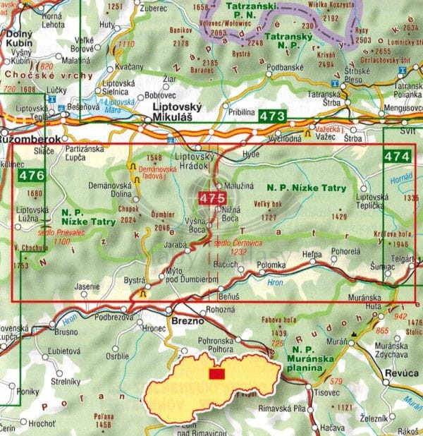 Niżne / Niskie Tatry. Chopok, Kralova Hola. Mapa turystyczna 475 wydawnictwa Shocart. Zasieg