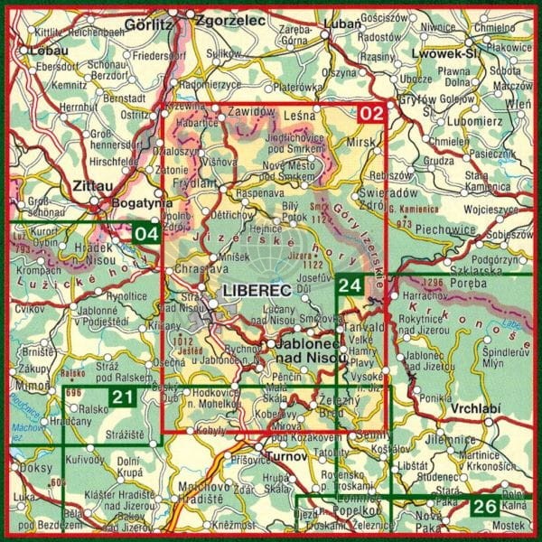 Jizerske hory, Frydlantsko. Mapa turystyczna 02 wydawnictwa Shocart. Zasięg