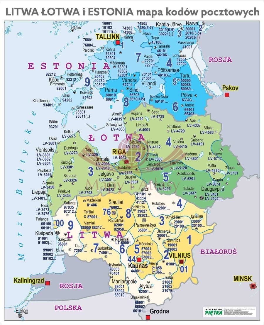 Litwa, Łotwa, Estonia / Kraje bałtyckie. Mapa ścienna. Kody pocztowe