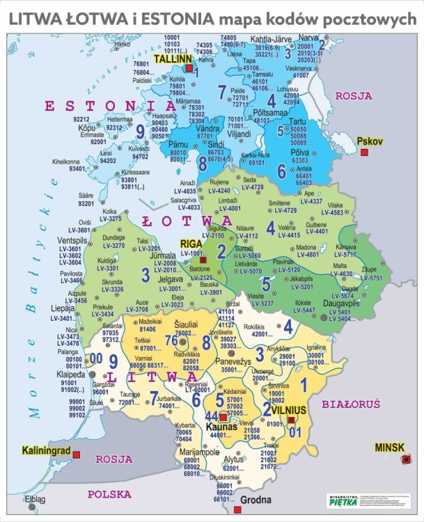 Litwa, Łotwa, Estonia. Mapa ścienna. Kody pocztowe